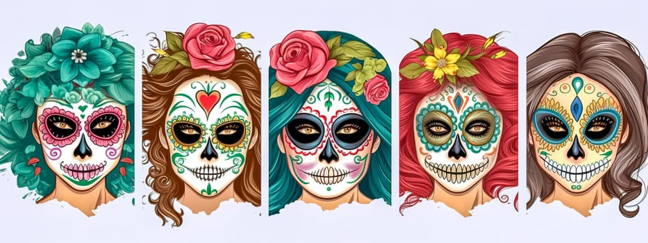Set of sugar skull makeup women with flowers on white background, banner made with Generative AI. High quality illustration