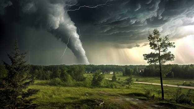 devastating tornado over the countryside, made with Generative AI. High quality illustration