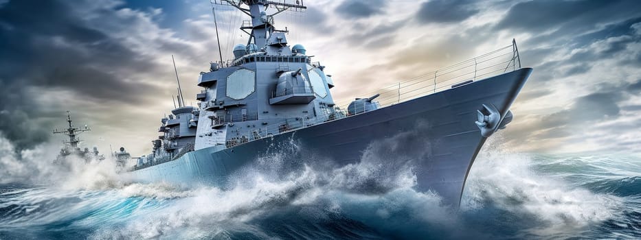 a battleship in the waters of the ocean, military navy ship, banner made with Generative AI. High quality illustration