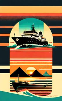 Art composition on the theme of traveling on a yacht. Yacht by the sea at sunset. Large expansion print poster. AI generated