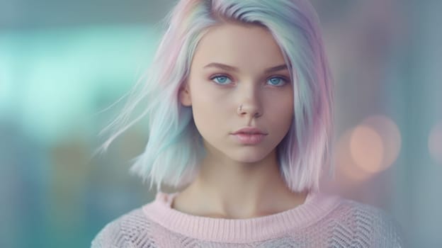 Winter pink paste outfit with beautiful female model, colorful dyed hair and fashionable teenager girl. Picturesque generative AI