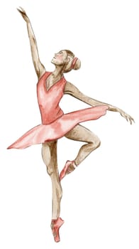 Watercolor dancing ballerina in red dress. Isolated dancing ballerina. Hand drawn classic ballet performance, pose. Young pretty ballerina women illustration. Can be used for postcard and posters.