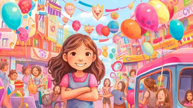little girl princess in children's abstract pink world, made with Generative AI. High quality illustration