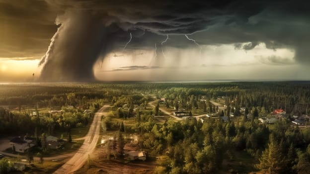 devastating tornado over the countryside, endangered people in the village, made with Generative AI. High quality illustration
