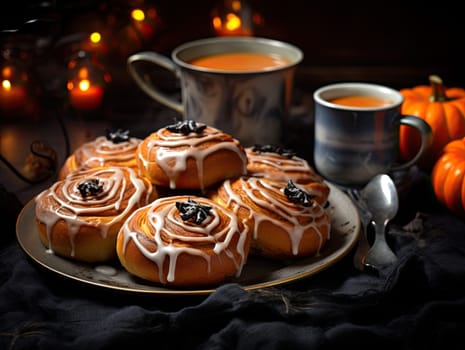 Freshly baked halloween cinnamon rolls with chocolate spider and spider web ornament with cup of coffee and orange halloween pumpkins in the background. Generative AI.