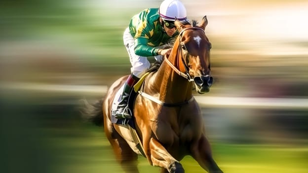 horse races, jumps over obstacles, blurred motion, made with Generative AI. High quality illustration