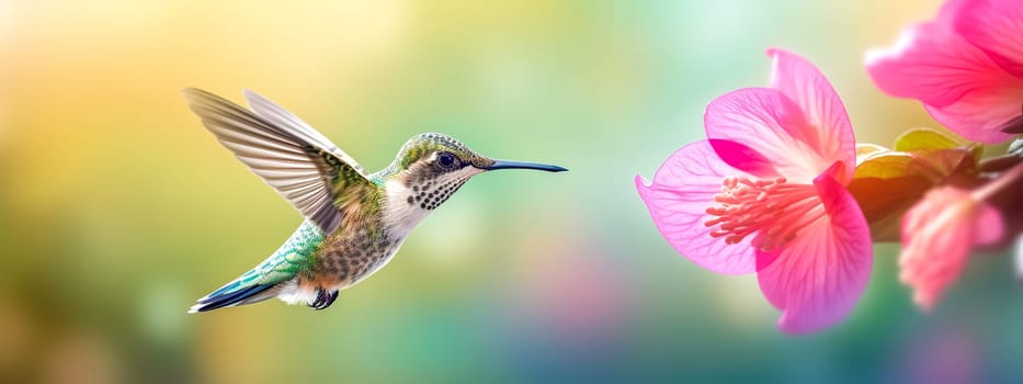 colorful hummingbird flying to flower for nectar, banner made with Generative AI. High quality illustration