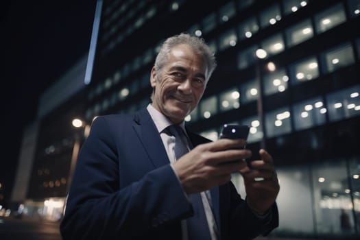 Wide angle shot of a senior caucasian businessman executive using mobile phone with background of modern office buildings at night. Generative AI AIG18.
