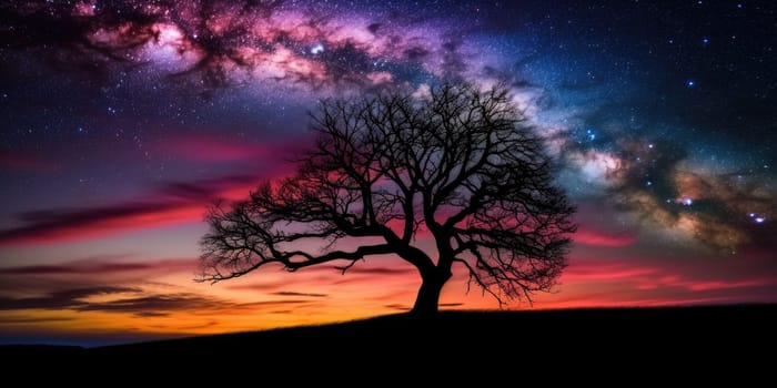 Tree silhouette on a hill with colorful swirling galaxy in the sky. Generative AI AIG27.