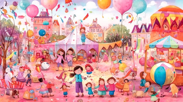 little girl princess in children's abstract pink world, made with Generative AI. High quality illustration