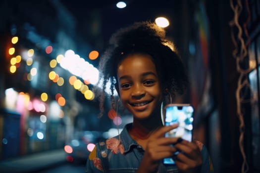 Wide angle shot of a young african-american 10-year-old little girl trendy clothes using mobile phone with background of urban city street at night. Generative AI AIG18.