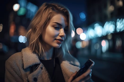 Low angle shot of a young caucasian woman trendy clothes using mobile phone with background of urban city street at night. Generative AI AIG18.