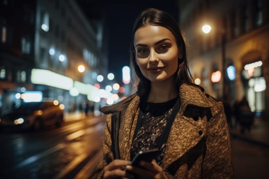 Wide angle shot of a young caucasian woman trendy clothes using mobile phone with background of urban city street at night. Generative AI AIG18.