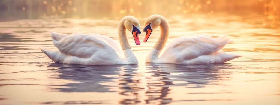 romantic pair of swans in love forms a heart shape on the surface of the water, banner made with Generative AI. High quality illustration