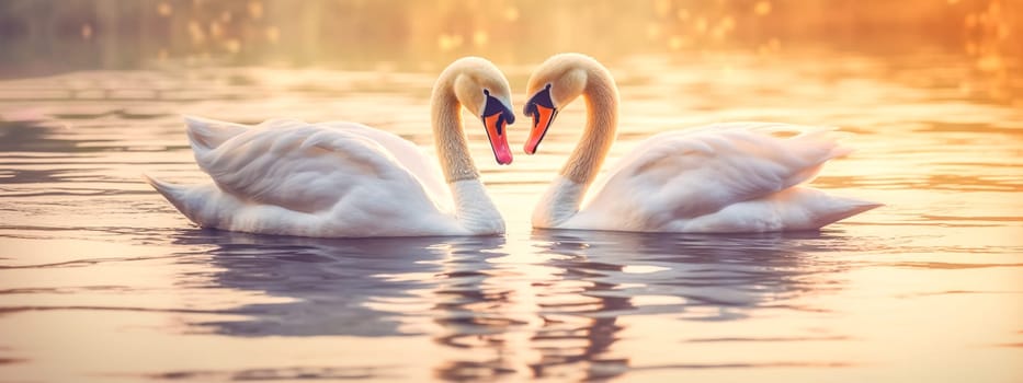 romantic pair of swans in love forms a heart shape on the surface of the water, banner made with Generative AI. High quality illustration