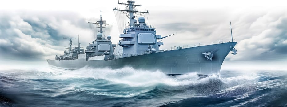 a battleship in the waters of the ocean, military navy ship, banner made with Generative AI. High quality illustration