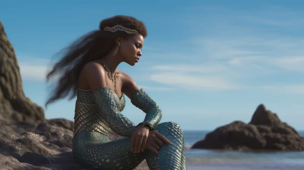 An African-American girl with long hair, in a blue mermaid costume, sits on the rock in the sea, looking at the side of the sea. Ai generative