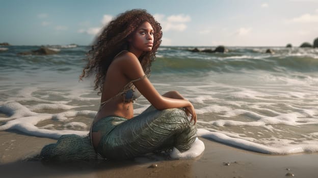 Beautiful African-American girl, in a mermaid costume, sits on the beach, near the sea, looking at the side of the sea. Ai generative