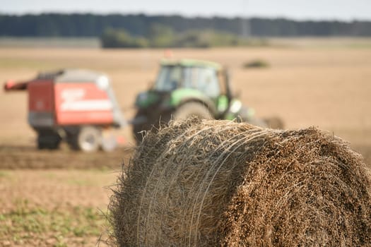 Tractor cleans the field with flax and makes bales