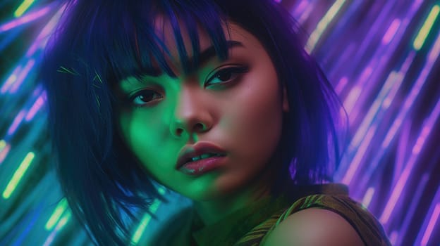 Beautiful model with colorful and trendy outfit with glowing purple green neon light, colorful dyed hair and fashionable asian glitch core teenager girl. Picturesque generative AI