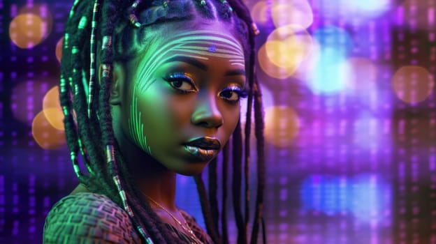 Beautiful model with colorful and trendy outfit with glowing purple green neon light, colorful dyed hair and fashionable african glitch core teenager girl. Picturesque generative AI