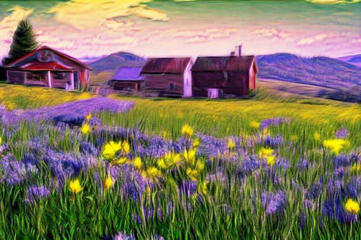 This captivating artwork showcases a serene landscape in the British countryside, featuring charming old farmhouses nestled amidst lush green fields. The artist applied a watercolor filter to transform the original AI-generated image into a captivating piece of fine art. Immerse yourself in the rustic beauty of this idyllic countryside scene, where nature reigns supreme and the architectural charm of the farmhouses stands as a testament to the region's rich history.