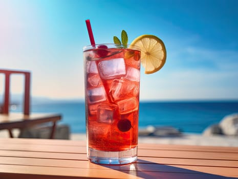 Red iced tasty cape cod sea breeze cocktail mocktail on bar deck with seashore view in the background. Generative AI.
