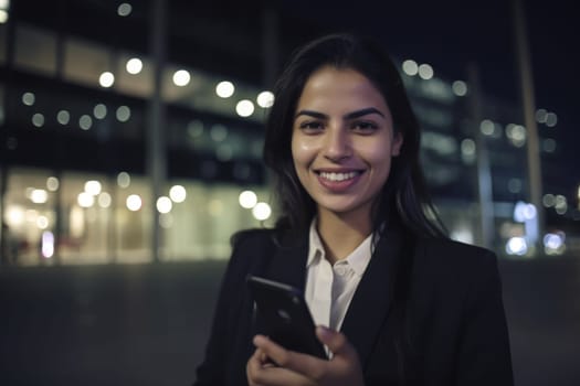 Wide angle shot of a young mexican hispanic businesswoman executive using mobile phone with background of modern office buildings at night. Generative AI AIG18.
