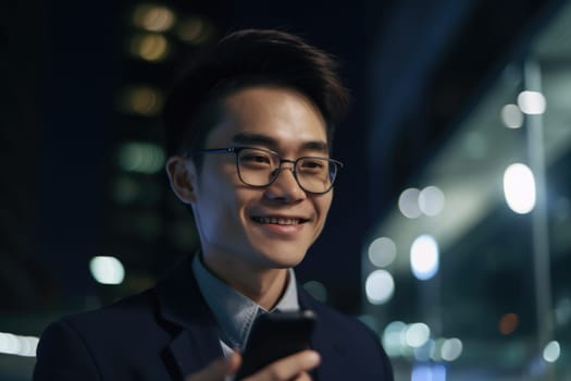 a young chinese Japanese businessman executive using mobile phone with background of modern office buildings at night Generative AI AIG18.