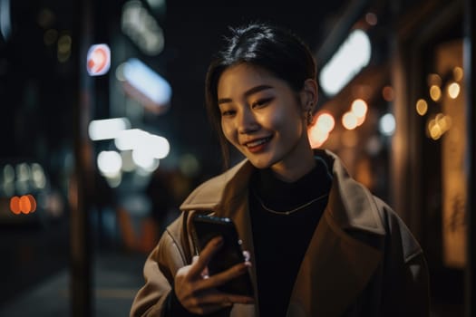 Wide angle shot of a young chinese japanese woman trendy clothes using mobile phone with background of urban city street at night. Generative AI AIG18.