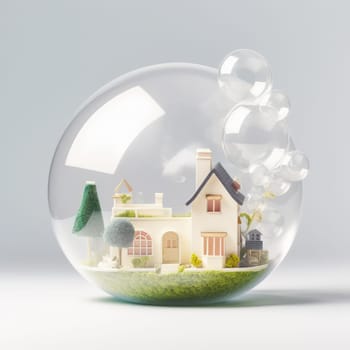 Country house in a soap bubble. The concept of the real estate crisis