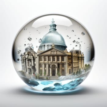 The bank building is in a soap bubble. The concept of a banking crisis