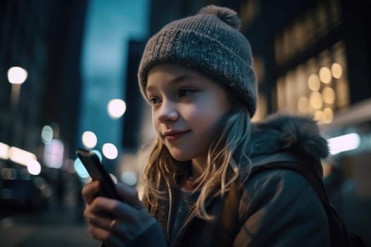 Low angle shot of a young caucasian 10-year-old little girl trendy clothes using mobile phone with background of urban city street at night. Generative AI AIG18.