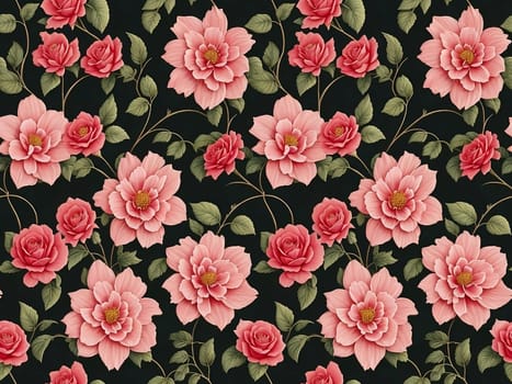 Floral Seamless Pattern of Pink Garden Rose Flowers and Green Leaves on Dark Green Backdrop. Wallpaper Design in Muted Colors for Textiles, Interior, Clothes, Postcards, Packages, Covers. AI Generated