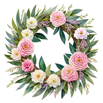 Watercolor Floral Wreath with Pink and White Flowers and Leaves on White Background for Invitations, Wedding or Greeting Cards, Package Design, Decoration. AI Generated