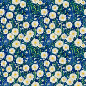 Watercolor Floral Seamless Pattern of White Chrysanthemums on a Blue Background. Design for Textiles, Wallpapers, Covers, Clothes, Wraping Papers, Packages. AI Generated