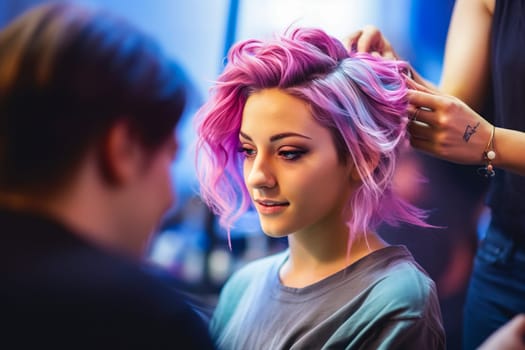 Beautiful girl with pink hair at the hairdresser. Generative AI. High quality illustration