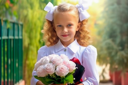 Portrait of a first-grader with a bouquet of flowers. Generative AI. High quality illustration