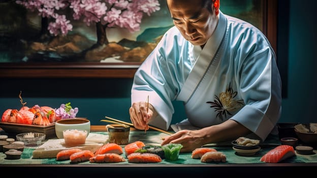 The chef prepares sushi, rolls in the restaurant. Generative AI. High quality illustration