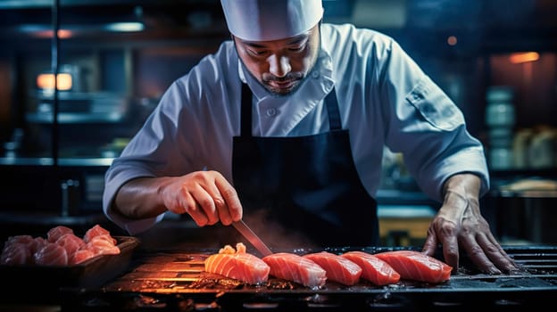 The chef prepares sushi, rolls in the restaurant. Generative AI. High quality illustration