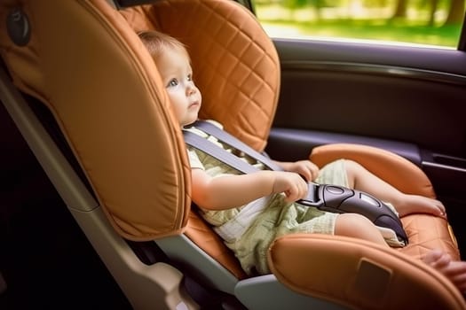 A child wearing a seat belt in a child car seat. Generative AI. High quality illustration