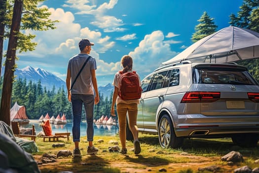 Travelers admire the mountain landscape next to the car. Generative AI. High quality illustration