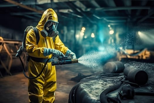 A man in a chemical protection suit against radiation sprays the area. Generative AI. High quality illustration