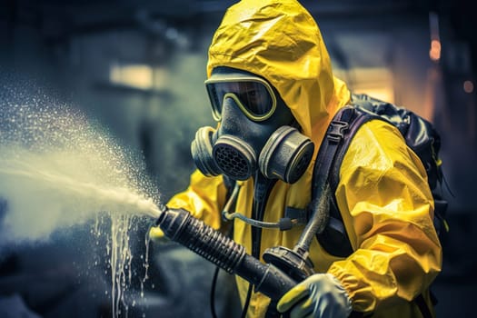 A man in a chemical protection suit against radiation sprays the area. Generative AI. High quality illustration