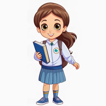 A first-grader in a school uniform with a textbook in her hands. Generative AI. High quality illustration