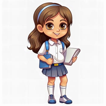 A first-grader in a school uniform with a textbook in her hands. Generative AI. High quality illustration