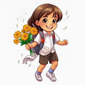 First grader with a bouquet of flowers in her hands. Generative AI. High quality illustration