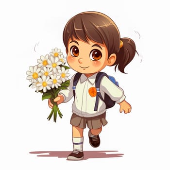 First grader with a bouquet of flowers in her hands. Generative AI. High quality illustration