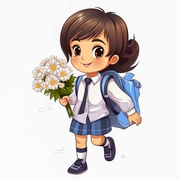 First grader with a bouquet of flowers in her hands. Generative AI. High quality illustration