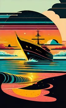 Art composition on the theme of traveling on a yacht. Yacht by the sea at sunset. Large expansion print poster. AI generated